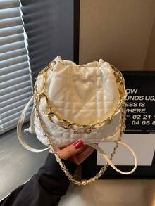 時尚愛心絎縫抽繩水桶包，金屬鍊條手柄，純色百搭單肩斜挎包，適合日常通勤 - 白色 - 查看 6