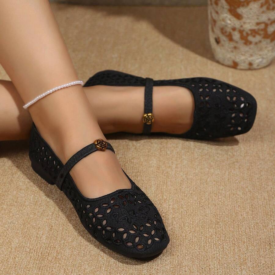 女款黑色鏤空刺繡花卉扣飾花卉圖案方頭低筒單帶平底瑪麗珍鞋