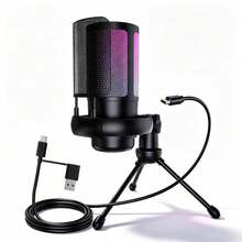HITOZON Gaming USB Microphone, RGB Condenser Mic With Shockproof Tripod Stand, Pop Filter, Noise Cancelling, Gain Control, Mute, Reverb, Touch Control, Plug & Play For PC/Phone/Tablet Streaming Podcasting - View 1