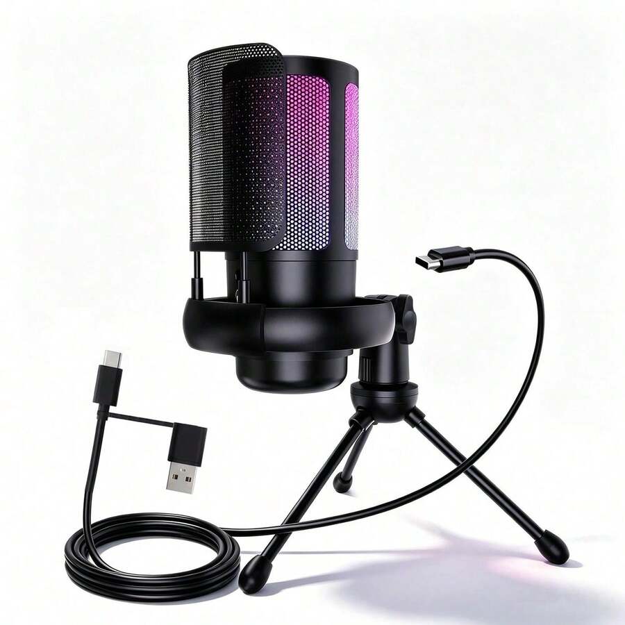 HITOZON Gaming USB Microphone, RGB Condenser Mic With Shockproof Tripod Stand, Pop Filter, Noise Cancelling, Gain Control, Mute, Reverb, Touch Control, Plug & Play For PC/Phone/Tablet Streaming Podcasting - View 1