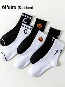 6 Pairs Women Halloween Crew Socks, Cute Pumpkin Moon Cross Patten Mid‑Calf Socks, Fall Festival Casual Sport Socks, Halloween Daily Weas Random - Multicolor - View 7