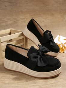 Women's New Bow Suede Thick Sole Comfortable Height-Increasing Wedge Shoes Beach Bow Home - Black - View 7