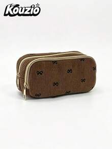 Cute Bow Pattern Corduroy Pencil Case, Large Capacity Double Layer Zipper Pen Pouch With Organizer Slots, Portable Stationery And Cosmetic Storage Bag For School, Office And Travel - Bow-tie Style - View 9