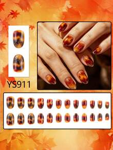 24pcs Short Oval False Nails, Amber Maple Leaf Gold Foil Vibe Wearable Nails, Full Coverage Removable Nail Set, Perfect For Ladies' Parties, Proms, And Everyday Wear - Multicolor - View 2