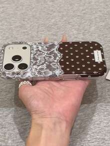 Ins Maillard Brown Polka Dot Lace Floral Phone Case Compatible With Iphone 18 Pro Max, 17 Pro, 16, 17 Pro, 15 Pro Max, Full Coverage Anti-Drop Protective Cover - Brown - View 3