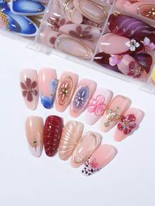 288pcs Medium-Long Almond Shape 3D Gel Nail Stickers, Floral Pattern French Manicure Stickers, Medium-Long 3D Alloy Cross Pearl Decor, Suitable For Perfect Fit Acrylic False Nails, Leopard Print And French Manicure Suitable For Women's Daily Work, Holiday, Party Use - Multicolor - View 5