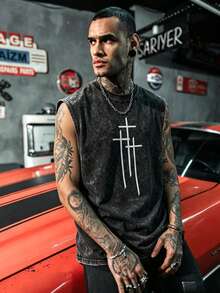 Camiseta de tirantes minimalista con estampado de cruz retro para hombres, cómoda y transpirable, adecuada para el verano, de moda - Negro - Ver 4