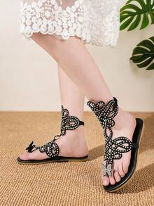 1 Pair Girls' Elegant Rhinestone Hollow-Out Gladiator Thong Sandals, Adjustable Ankle Strap Outdoor Walking Shoes - Black - View 4