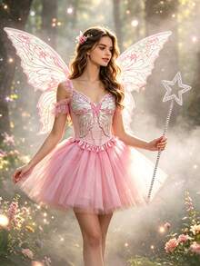 Multi-Color Laser Sequin Butterfly Fairy Wings Set + Fairy Dress + Star Magic Wand Complete Set. Halloween Cosplay / Forest Theme Photography / Birthday Party Props - Multicolor - View 4