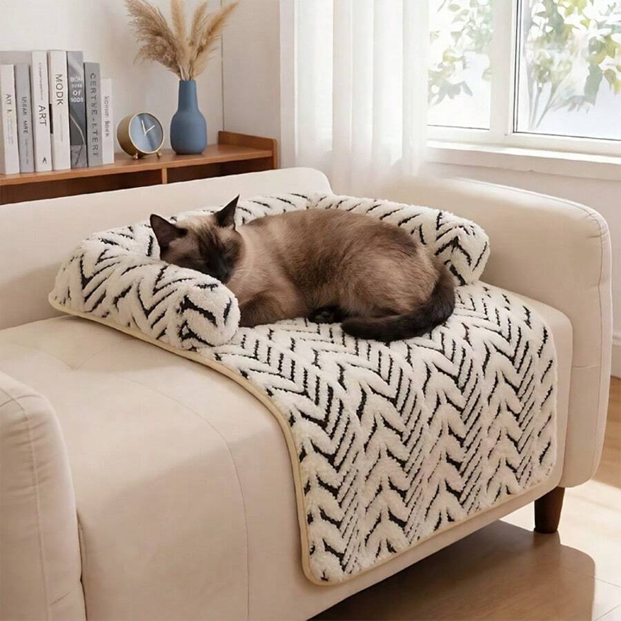 1pc Plush Pet Sofa Bed, Black & White Geometric Pattern With Raised Bolster Pillow, Anti-Scratch Furniture Protector Pad, Non-Slip Bottom, Suitable For Cats & Dogs Resting, Sleeping And Living Room Use - Black and White - View 1