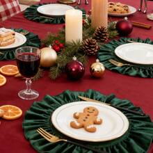 1/2/4pcs Christmas Velvet Round Ruffle Placemats, Nordic Country Style Table Mats - Green - View 5