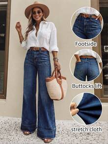 Elegant Women's Denim Wide Leg Pants, With Pockets, Mid-Stretch, Long Length, Washed Process, Suitable For Daily Casual Wear - Dark Wash - View 3