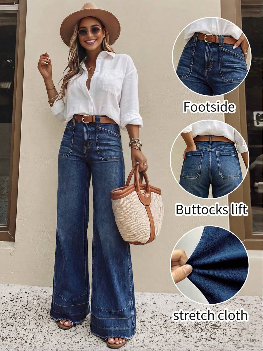 Elegant Women's Denim Wide Leg Pants, With Pockets, Mid-Stretch, Long Length, Washed Process, Suitable For Daily Casual Wear - Dark Wash - View 1