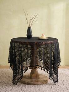 1pc Black Geometric Hollow Lace Tablecloth, French Vintage Style Lace Fabric Material, Round Tassel Edge And Exquisite Hollow Floral Pattern Detail Decoration, Beautification And Dust-Proof Function, Suitable For Daily Home And Vintage Dining Table Arrangement - Black - View 11