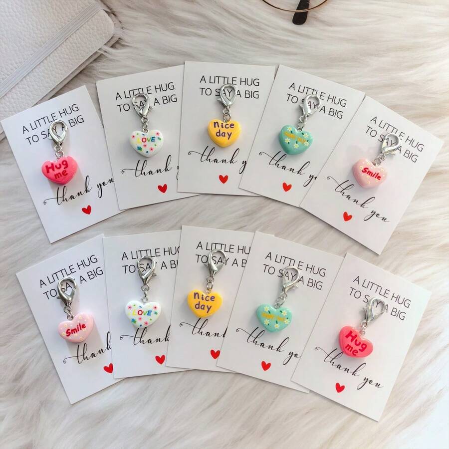 30Pcs/10Sets/1PC Colorful Heart-Shaped Resin Keychain Set, Multi-Color Heart Keychain Pendant, Suitable For Bag Decoration, Car Key Accessories, Includes Thank You Card, Perfect For Birthday, Wedding, Teacher's Day, Thanksgiving And Christmas Gifts, Party Favors