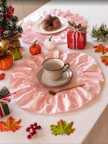 1/2/4pcs Luxury Style Round Scalloped Edge Satin Placemats, Tabletop Protection & Decoration, Soft Decor For Autumn/Winter Christmas Holiday Home Dinner Party - Pink - View 5
