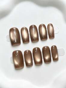 Shecass Medium Square Press On Nails Champagne Gold Glossy Fake Nails, Shiny Reusable Manicura For Daily Dating Wedding Party Banquet,Y2K Nails,Fall Winter Nail,Short Nails Art,Glue‑On Nails,Brown Cat Eye Gradient Glossy Manicura, Shimmer Moonlight - Multicolor - View 2