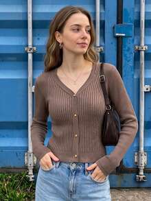 歐美奢華風亮片V領針織開襟女款金扣前襟直條紋羅紋插肩袖網紗長袖修身短版薄款通勤外套 - 咖啡棕 - 查看 10