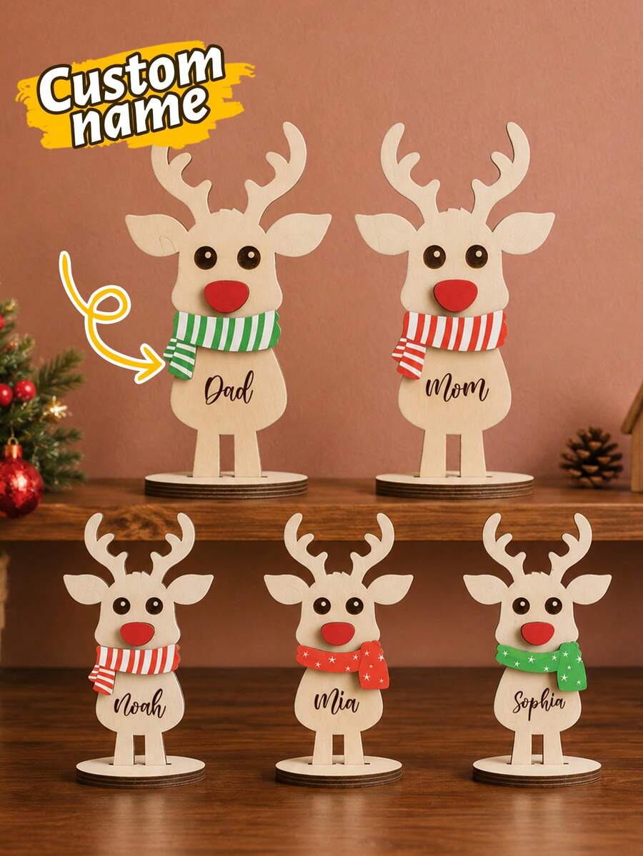 Custom Reindeer Wooden Table Decor With Name, Personalized Christmas Desktop Ornament, Rustic Holiday Style, Customized Reindeer Standing Decor, Customizable Name Christmas Decoration, Christmas Party Table Accent, Holiday Gift, Family, Friend - Multicolor - View 1