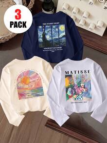 3件組青少年女孩長袖寬鬆休閒襯衫，梵谷《星夜》、馬蒂斯花卉、日出油畫背印，3色組合 - 杏色 - 查看 2