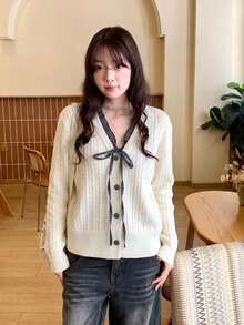 Women's Small Plaid Lace-Up Colorblock Knitted Sweater, V-Neck Single-Breasted Cable Knit Cardigan, Autumn/Winter New Style - White - View 3