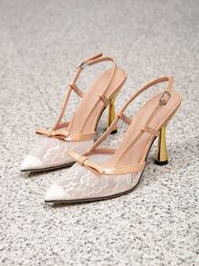 Women Pointed Toe Lace Slingback Heels, Bow Decor T‑Strap Adjustable Buckle Metallic Flared Heel Pumps, Elegant Evening Party Dress Sandals - Apricot - View 2