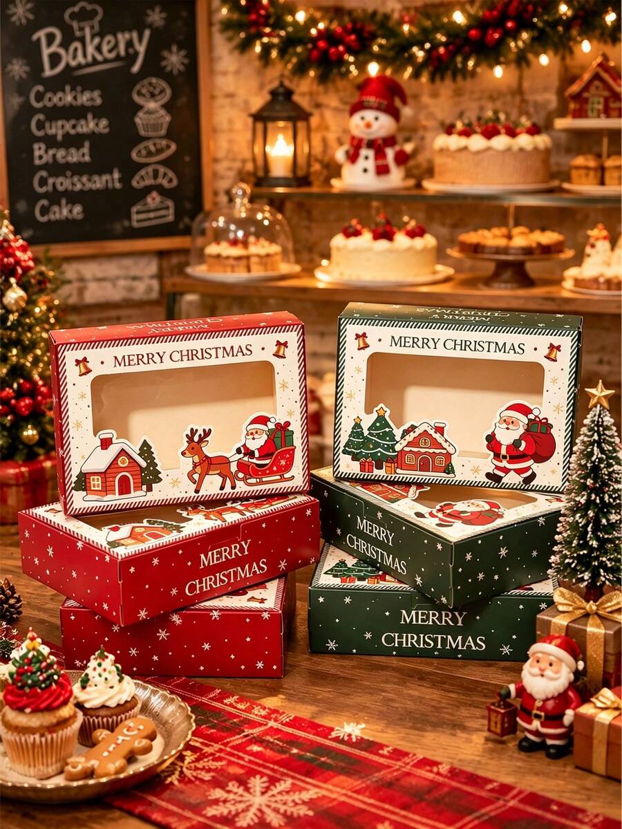 4pcs/12pcs/24pcs Christmas Window Gift Boxes, Printed Santa Claus & Reindeer Gift Empty Boxes, Holiday Party Gift Packaging For Cookies, Snowflake Crisps, Candy, Desserts Storage - View 1