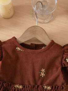 1pc Baby Girl Coffee Color Floral Embroidery Dress, Flutter Sleeve High Waist Ruched Vintage Toddler Dress - Coffee Brown - View 3