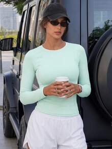 Women's Solid Long Sleeve Slimming T-Shirt Stretchy Yoga Top Casual Fall Winter Basic Gym Pilates Workout - Mint Blue - View 2