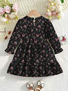 Girls' French Style Black Ditsy Floral Long Sleeve Dress With Hollow Lace Puff Sleeves And Ruffle Hem, Little Girl Outfit - Multicolor - View 2