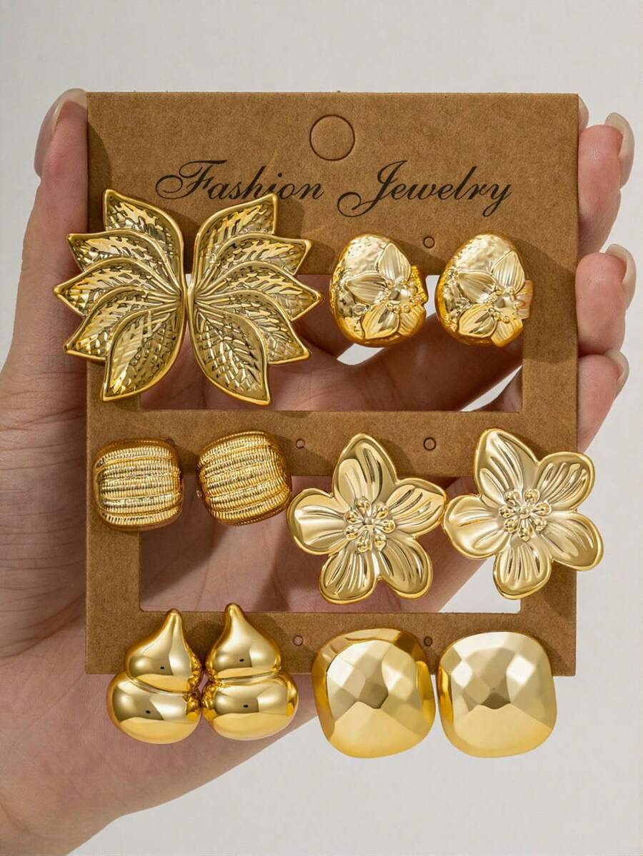 2/12PCS Fashionable Elegant Exquisite Floral Gourd Water Drop Print Square Cut Multi-Element Gold Metallic Earring Set, Suitable For Daily Wear, Gatherings And Parties - Gold - View 1