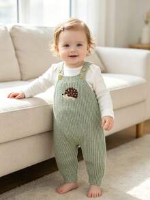 1pc Korean Ins Style Infant Knitted Bib Jumpsuit, Cute Hedgehog Embroidery Pattern, Unisex Baby Simple Versatile Knitted - Green - View 10