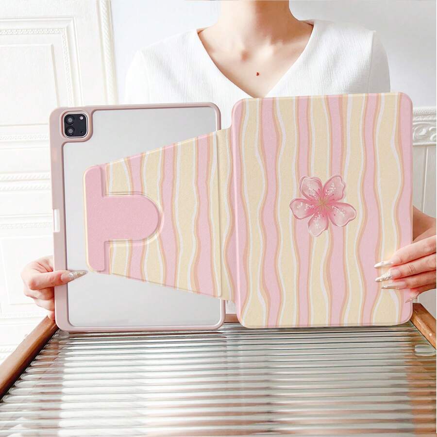 1件裝柔軟波浪條紋櫻花 360°旋轉平板保護殼，相容 iPad 11/A16/10th/Air4/5/6/Pro 12.9/2024/2025/2020/2021/2022/2023/10.2/10.9、Galaxy Tab A8/A9 Plus/S6 Lite/S7/S9FE PLUS、Pad、MatePad、Honor Pad、Xiaoxin Pad，適合辦公、旅行與居家使用