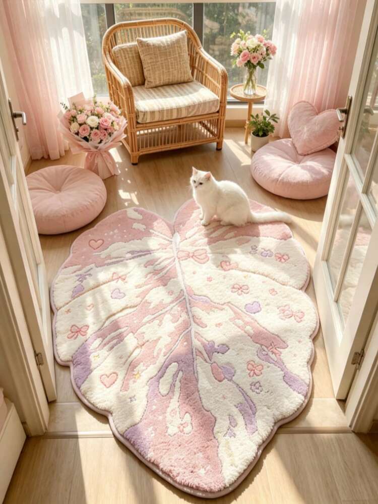 1pc Pink Dreamy Modern Nordic Botanical Monstera Leaf Art Rug, Personalized Aesthetic Style Decorative Carpet, Bathroom Entryway Bedroom Bedside Dopamine Asymmetrical Shaped Blanket, Ins Style Space Aesthetic Atmosphere Rug, Tropical Rainforest Natural Healing Flocked Soft Decor Accent, Small Rug, Floor Mat, Home Decor, Area Rug, Leisure Blanket, Bedside Rug, Absorbent Floor Mat, Washable Carpet - Multicolor - View 3