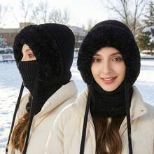 Topi Balaclava Rajut Musim Dingin 3-in-1 Wanita, Tudung Penutup Telinga Berlapisan Bulu Lembut dengan Masker Wajah yang Dapat Dilepas & Tali Serut, Syal Leher Hangat Terintegrasi dengan Topi Salju - MultiWarna - View 9