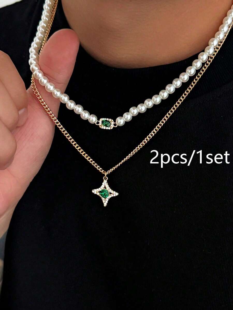 2-Pieces Minimalist Star And Cross Pendant Necklace Set, Layered Necklace, Unisex Sweater Chain, Luxury Niche Design For Couples - Multicolor - View 1