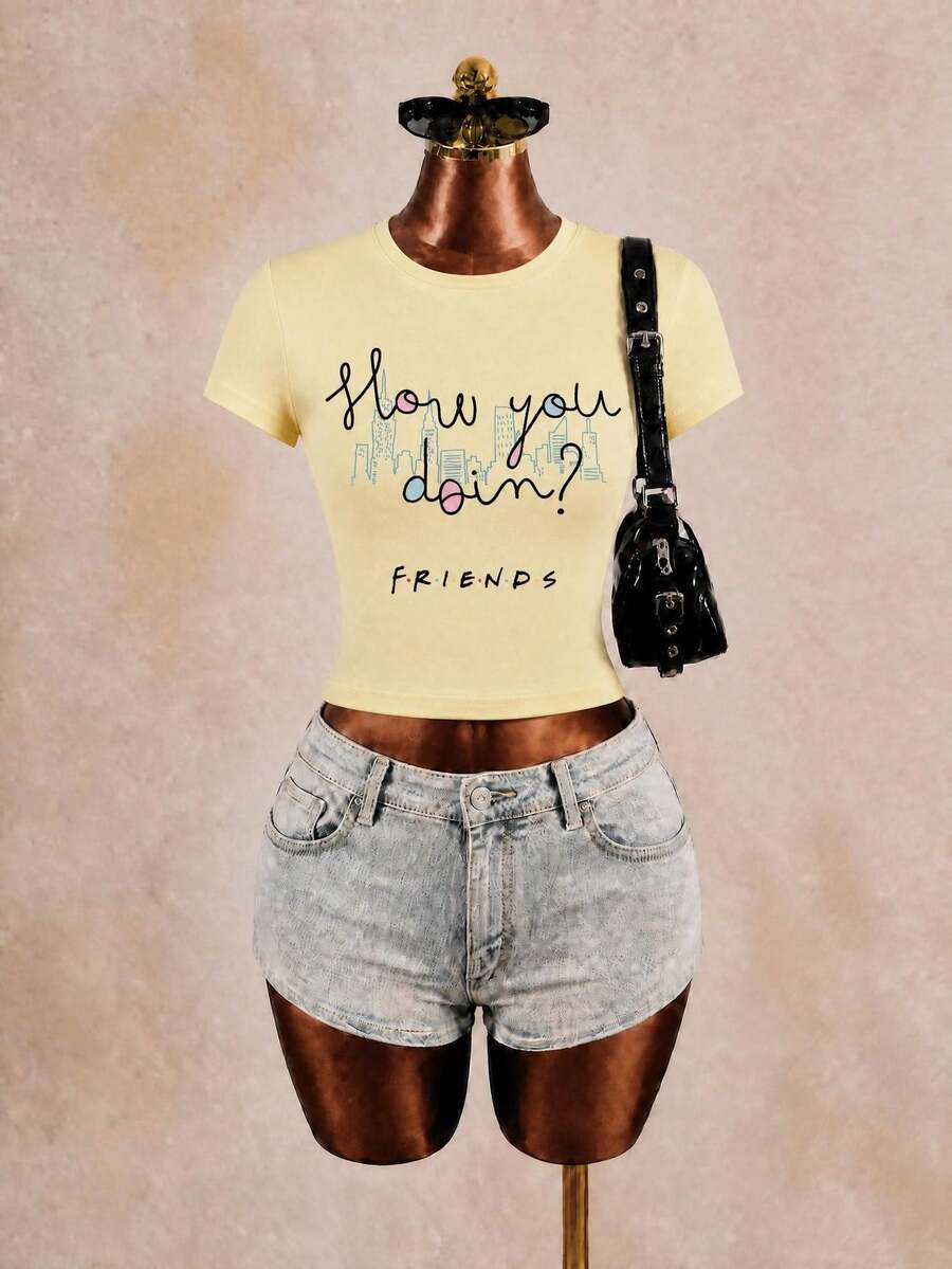 Kaos Lengan Pendek Wanita Musim Panas dengan Cetakan IP, Gaya Serbaguna, Nuansa Y2K & Retro. Kasual - Kuning - View 1