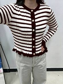 女款新款百搭休閒街頭極簡性感辣妹森女學院風條紋針織開襟外套 - 咖啡 - 查看 9