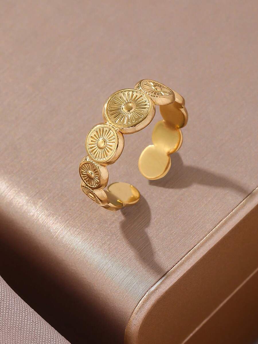 1pc Stainless Steel 18K Gold Plated Geometric Round Sun Ring Suitable For Women's Daily And Party Wear - Sun Ring - View 1