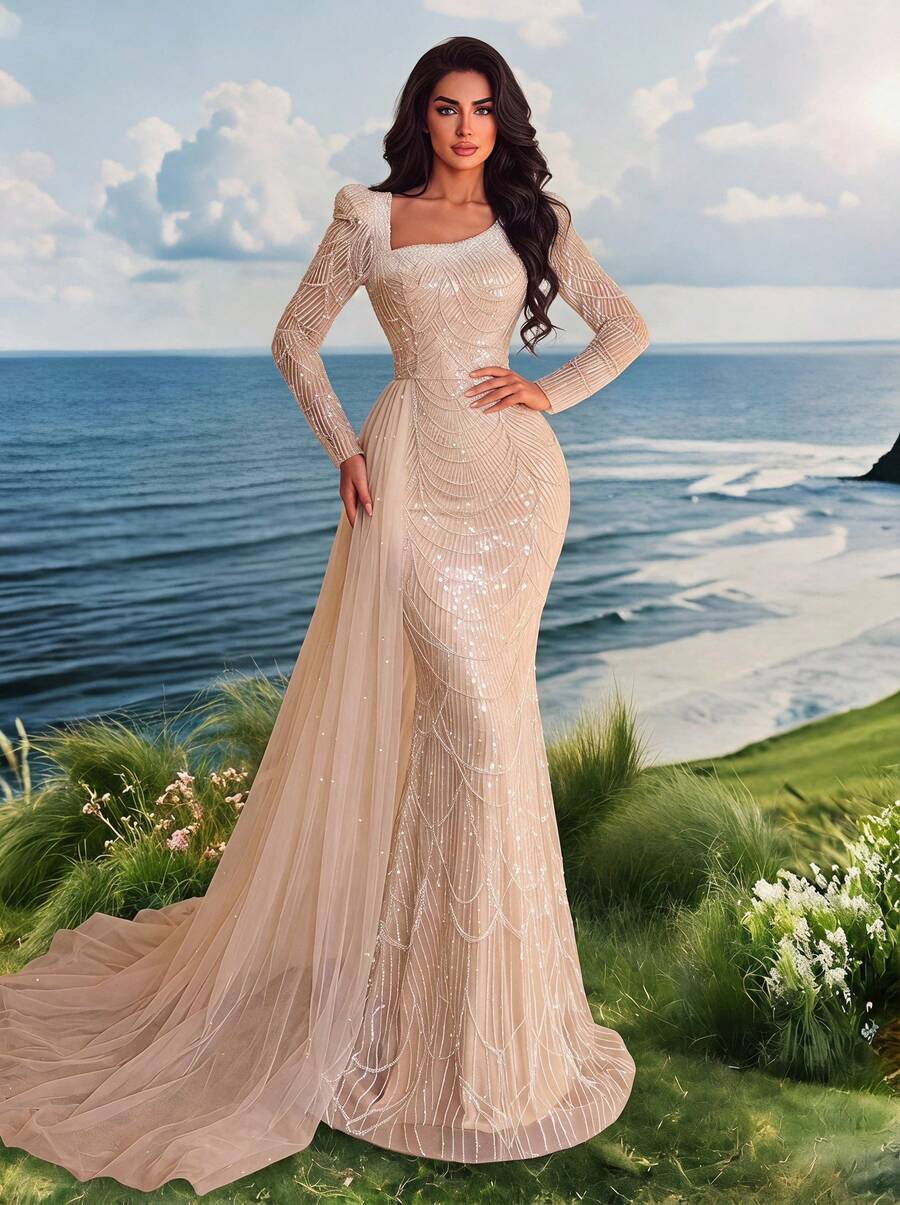 Elasola Elegant Square Neck Sequin Mermaid Evening Gown - Structured Long Sleeves, Fitted Flare Silhouette Fall Wedding