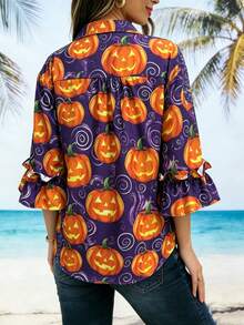 Women's Long Sleeve Shirt With Halloween Pumpkin Pattern, Vintage Fashion Style, With Button Details, Suitable For Autumn Wear - Violet Purple - View 5