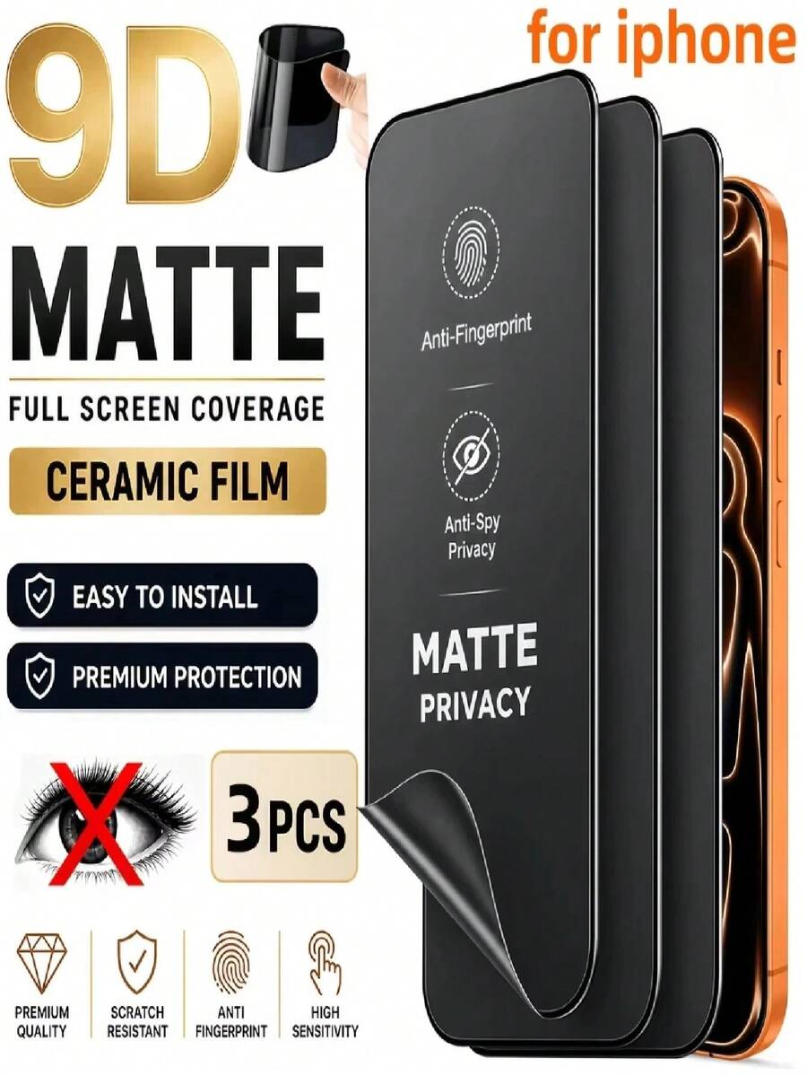 3pcs Full Coverage Matte Privacy Ceramic Screen Protector Compatible With IPhone 18 Pro Max 18 Pro 17 Pro Max 17 16 15 14 13 12 11 Pro Max Plus Mini Anti-Spy Ceramic Film, Anti-Fingerprint, Bubble Free, Soft Screen Protector - Black - View 1