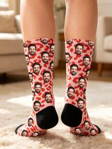 Custom Face Crew Socks, Personalized Photo Socks With Heart & Leopard Print, Novelty Customized Gift Socks For Holiday Birthday Party - Multicolor - View 9