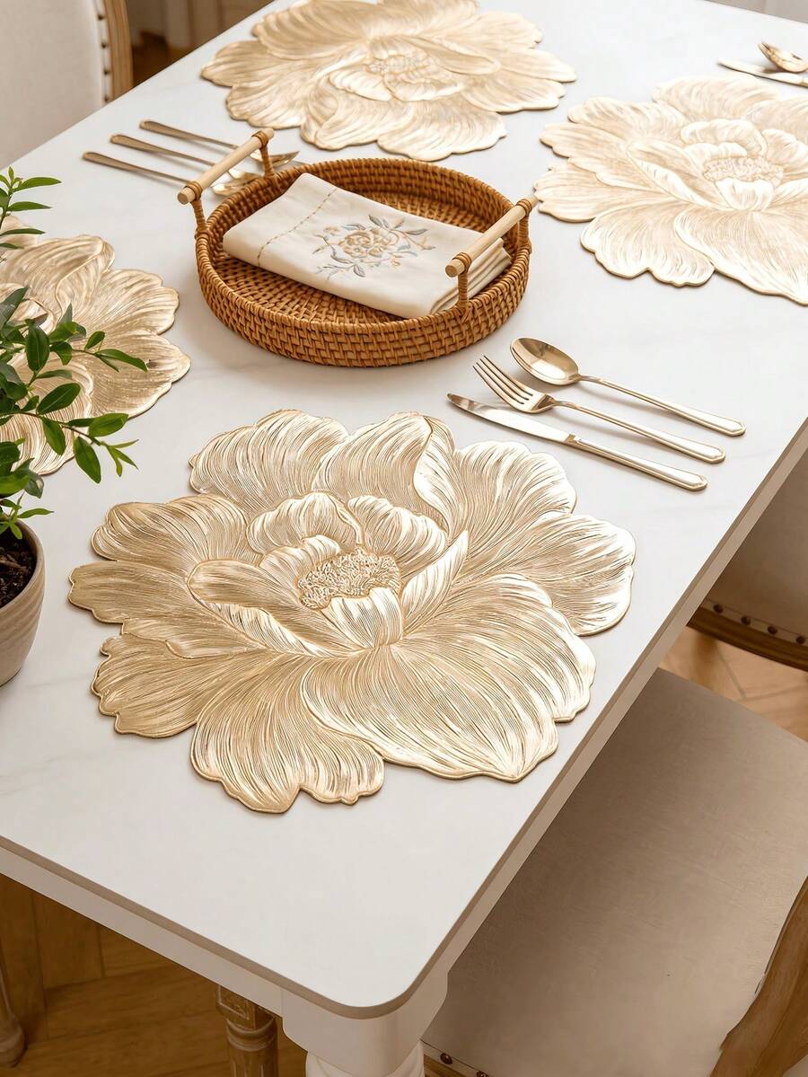 1pc/2pcs/3pcs Gold Rose PVC Placemats, Washable And Easy To Clean, Wipe Clean, Non-Slip, Holiday Wedding Party Table Decor