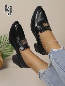 Million Women's Pointed Toe Slip-On Chunky Heel Loafers, Fashion Metal Decor Chunky Heel Dress Shoes, Suitable For Office Work, Daily Wear, Dating - Black - View 6