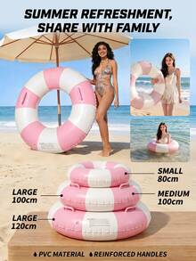 1pc Adult Double Back-To-Back Floating Chair, Suitable For Water Park Floating Striped Inflatable Swim Ring, Lifebuoy (Handle Color Random), New Design Pink Inflatable Swim Ring With Handle, Summer White And Pink Inflatable Ring, Pool Inflatable, Beach Essential, Pool Float - Multicolor - View 6