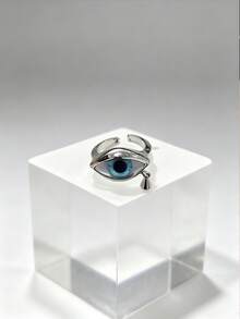 Gothic Style Realistic Eyeball Ring, Metal Silver Water Drop Pendant Eye Open Ring, Subculture Street Style Hot Girl Hand Accessory - Blue - View 5