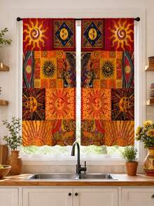 2pcs Vintage Patchwork Sun Print Semi-Sheer Curtains, Bohemian Warm Tone Plaid Sun God Pole Bag Curtains For Bedroom Floor-To-Ceiling Window Decor - Multicolor - View 6