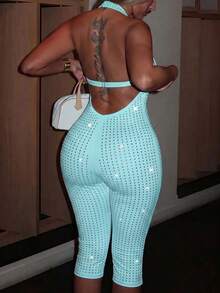 Spring Summer Autumn Sexy Halter Neck Rhinestone Backless Sleeveless Music Festival Party Vacation Date Daily Commute Women's Jumpsuit - Mint Blue - View 1