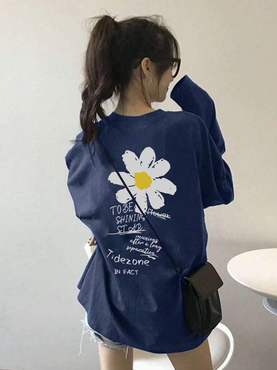Women's Fashion Autumn/Winter Loose Round Neck Casual Street Versatile Daisy Print Long Sleeve T-Shirt - Navy Blue - View 1